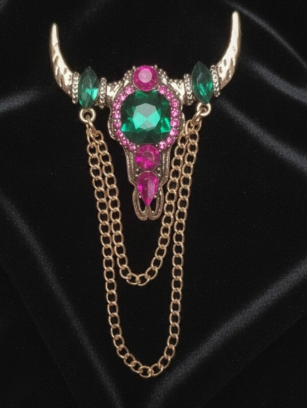 Gold-Tone Bull Skull BROOCH with Green and Fuchsia Crystals
